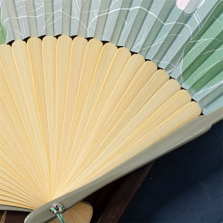 Buddha Stones Lotus Begonia Flower Jasmine Handheld Bamboo Folding Fan 21cm - image 3