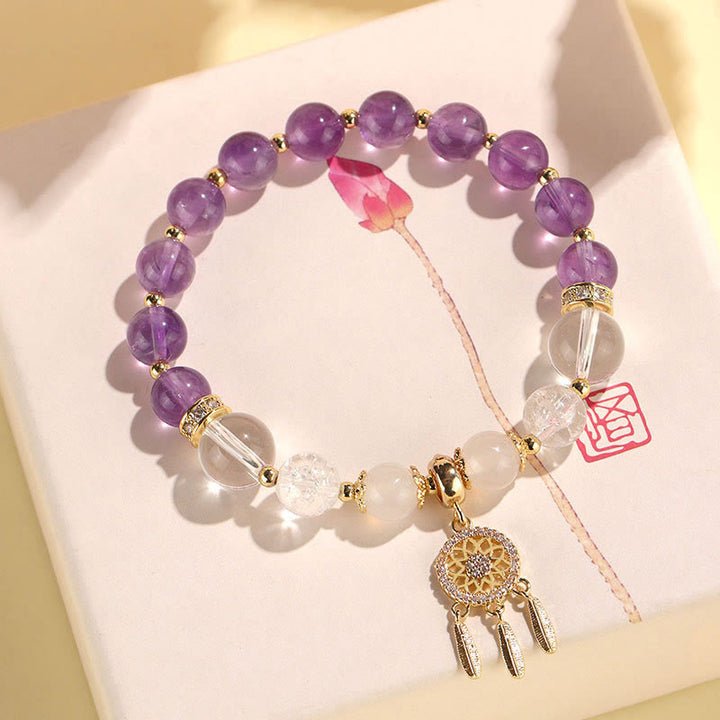 Buddha Stones Green Strawberry Quartz Amethyst Crystal Dreamcatcher Healing Bracelet - Amethyst(Wrist Circumference 14-16cm) - image 3