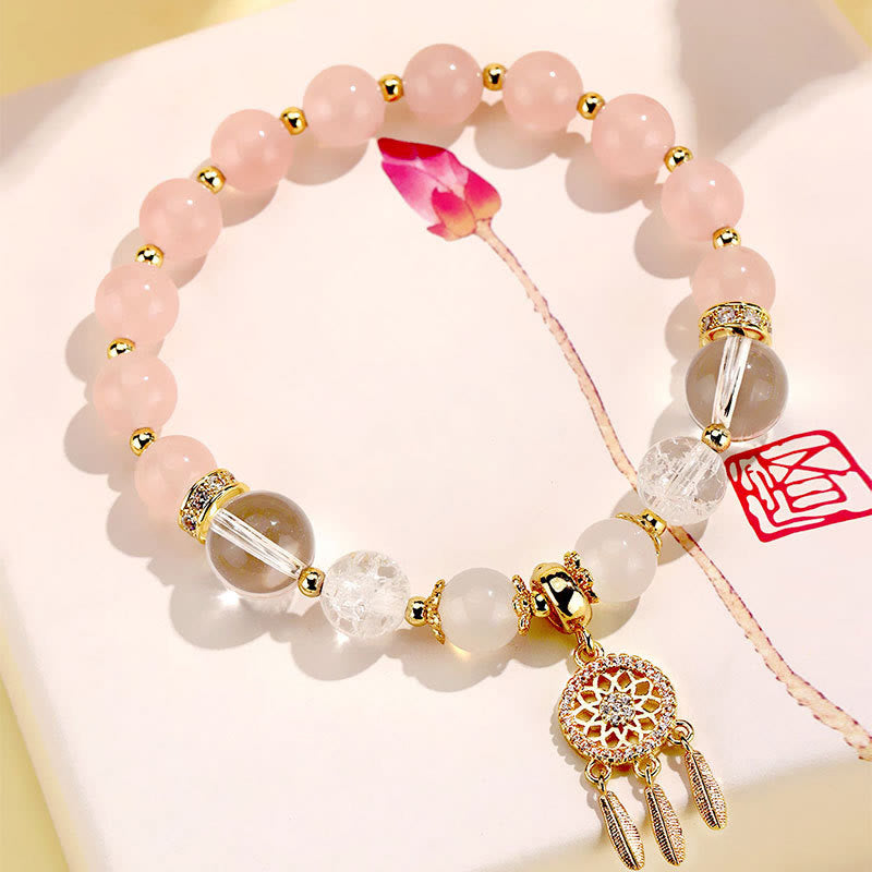 Buddha Stones Green Strawberry Quartz Amethyst Crystal Dreamcatcher Healing Bracelet - Pink Crystal White Crystal White Agate(Wrist Circumference 14-16cm) - image 11