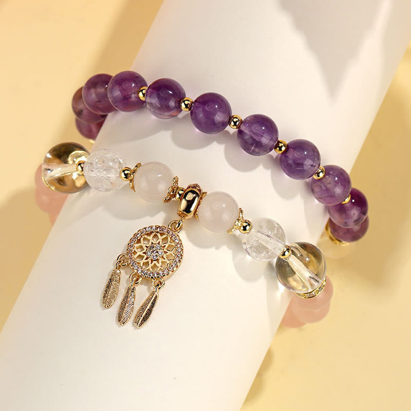 Buddha Stones Green Strawberry Quartz Amethyst Crystal Dreamcatcher Healing Bracelet - image 6