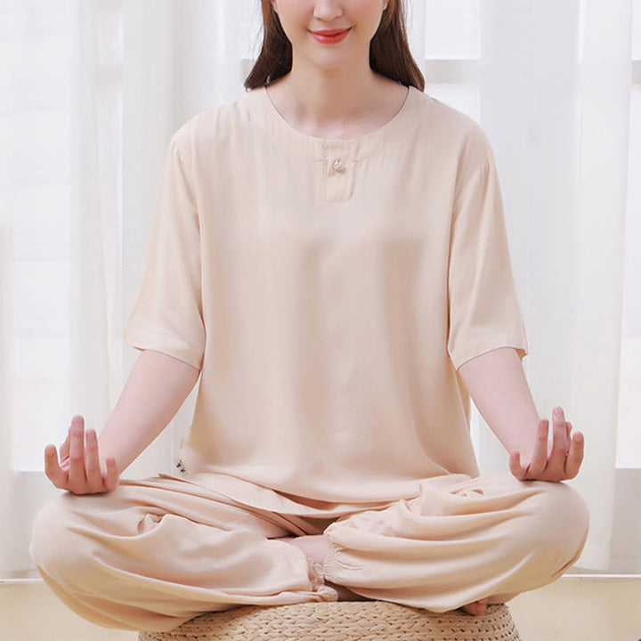 Buddha Stones 2Pcs Half Sleeve T-Shirt Pants Meditation Zen Tai Chi Cotton Linen Clothing Unisex Set - Khaki(Top&Pants) - US14，UK/AU18，EU46 (4XL) - image 0