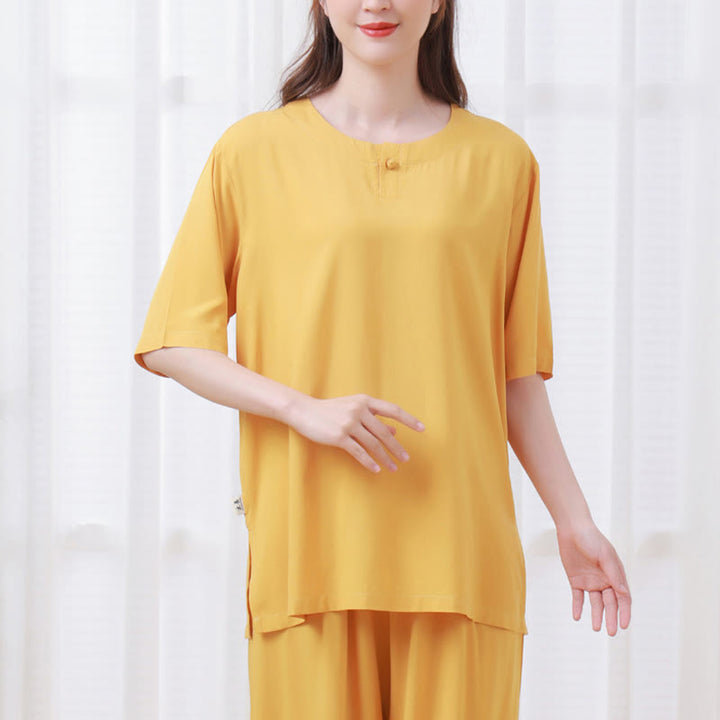 Buddha Stones 2Pcs Half Sleeve T-Shirt Pants Meditation Zen Tai Chi Cotton Linen Clothing Unisex Set - image 5