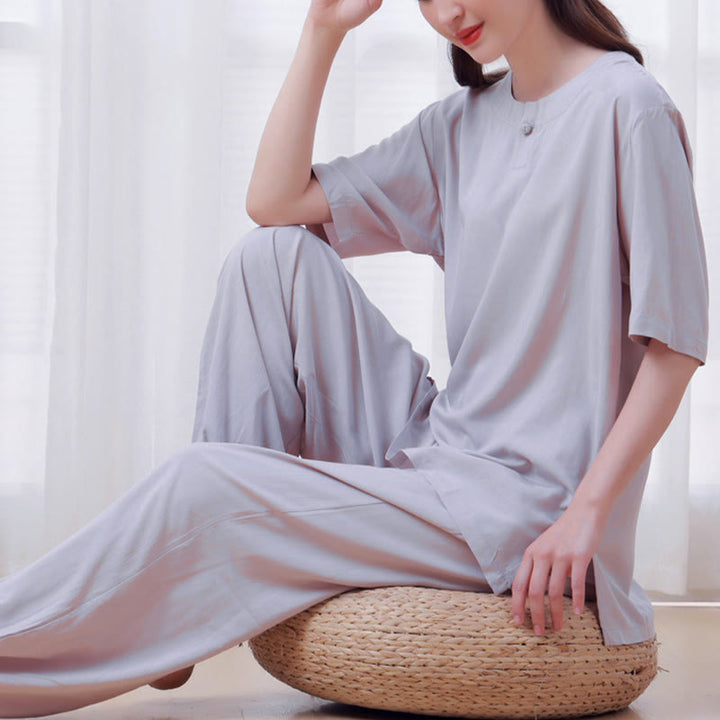 Buddha Stones 2Pcs Half Sleeve T-Shirt Pants Meditation Zen Tai Chi Cotton Linen Clothing Unisex Set - image 11