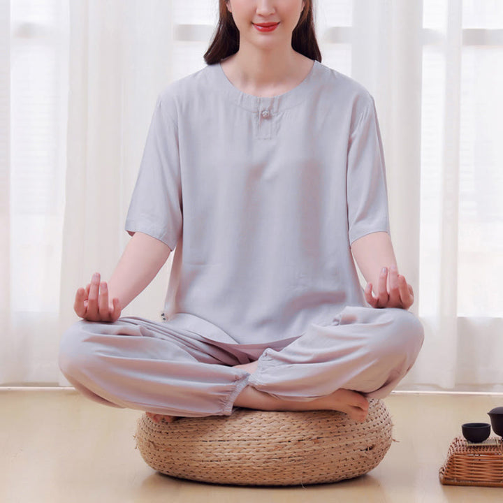 Buddha Stones 2Pcs Half Sleeve T-Shirt Pants Meditation Zen Tai Chi Cotton Linen Clothing Unisex Set - Gray(Top&Pants) - US14，UK/AU18，EU46 (4XL) - image 10