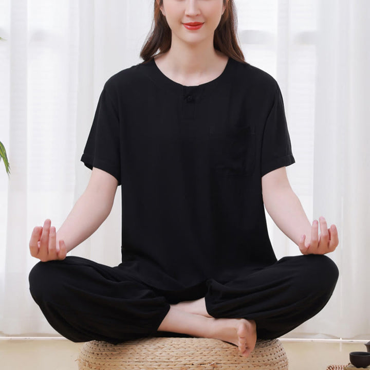 Buddha Stones 2Pcs Half Sleeve T-Shirt Pants Meditation Zen Tai Chi Cotton Linen Clothing Unisex Set - Black(Top&Pants) - US14，UK/AU18，EU46 (4XL) - image 14