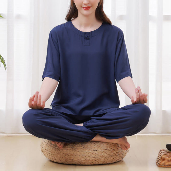 Buddha Stones 2Pcs Half Sleeve T-Shirt Pants Meditation Zen Tai Chi Cotton Linen Clothing Unisex Set - Navy Blue(Top&Pants) - US14，UK/AU18，EU46 (4XL) - image 18