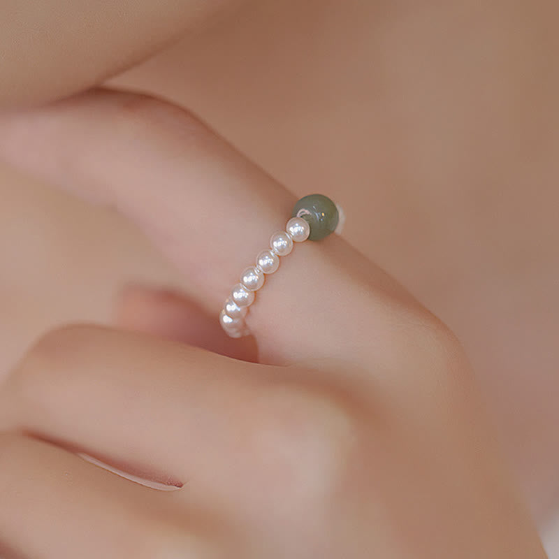Buddha Stones Round Jade Pearl Beads Luck Ring - Dark Color Jade - image 2