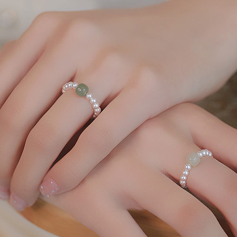 Buddha Stones Round Jade Pearl Beads Luck Ring - image 5