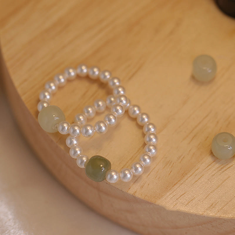 Buddha Stones Round Jade Pearl Beads Luck Ring - image 0