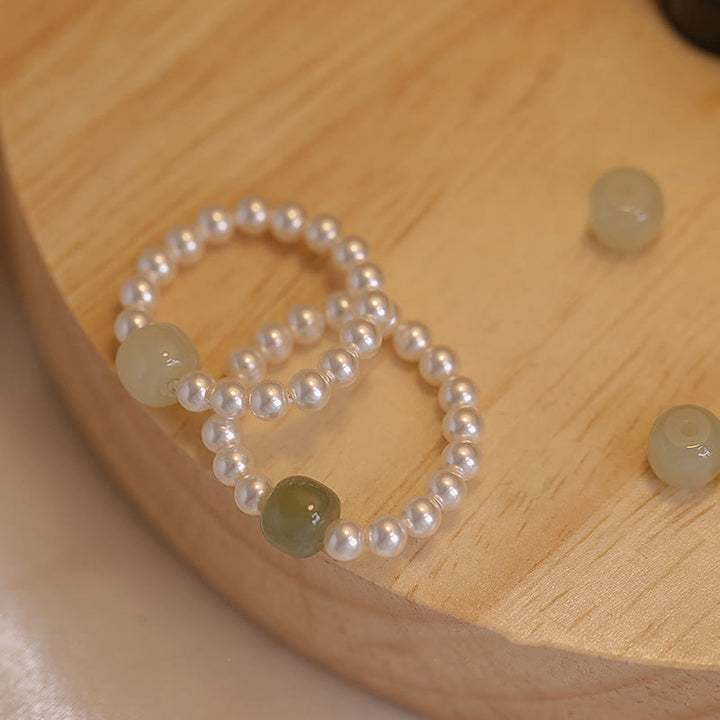 Buddha Stones Round Jade Pearl Beads Luck Ring - image 0