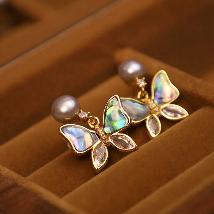 Buddha Stones 18K Gold Plated Copper Natural Shell Pearl Butterfly Sincerity Stud Earrings - Natural Abalone Shell - Gray Pearl(925 Sterling Silver Posts) - image 3