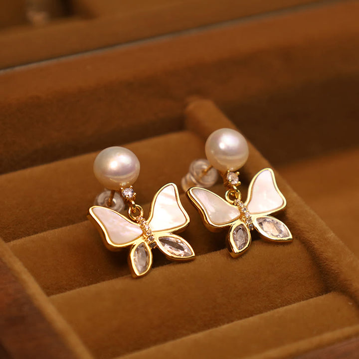 Buddha Stones 18K Gold Plated Copper Natural Shell Pearl Butterfly Sincerity Stud Earrings - Sea Shell - White Pearl(925 Sterling Silver Posts) - image 5
