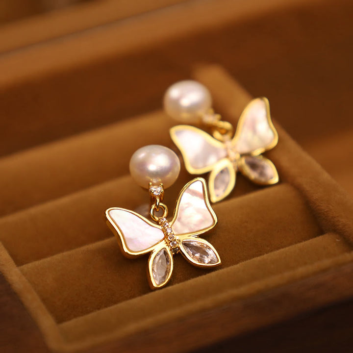 Buddha Stones 18K Gold Plated Copper Natural Shell Pearl Butterfly Sincerity Stud Earrings - image 6