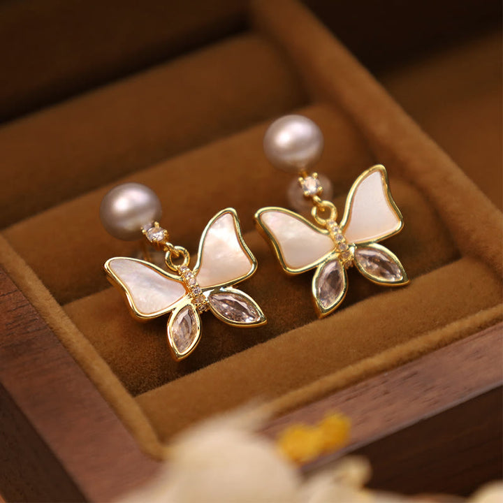 Buddha Stones 18K Gold Plated Copper Natural Shell Pearl Butterfly Sincerity Stud Earrings - image 8