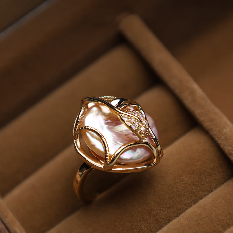 Buddha Stones Pearl Copper Plated Gold Flower Happiness Wealth Ring - image 2