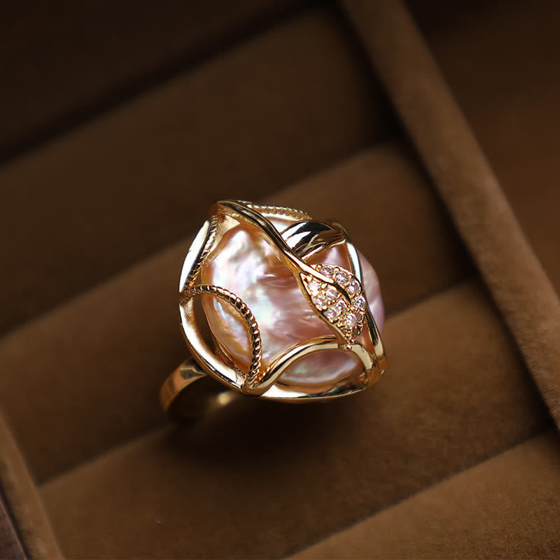 Buddha Stones Pearl Copper Plated Gold Flower Happiness Wealth Ring - image 1