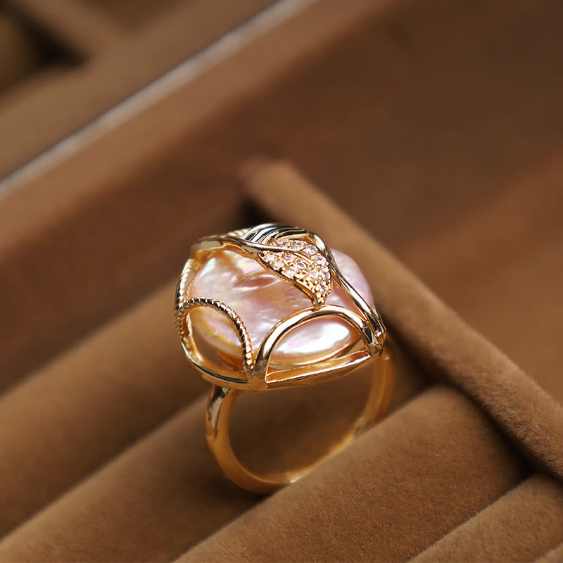 Buddha Stones Pearl Copper Plated Gold Flower Happiness Wealth Ring - image 4