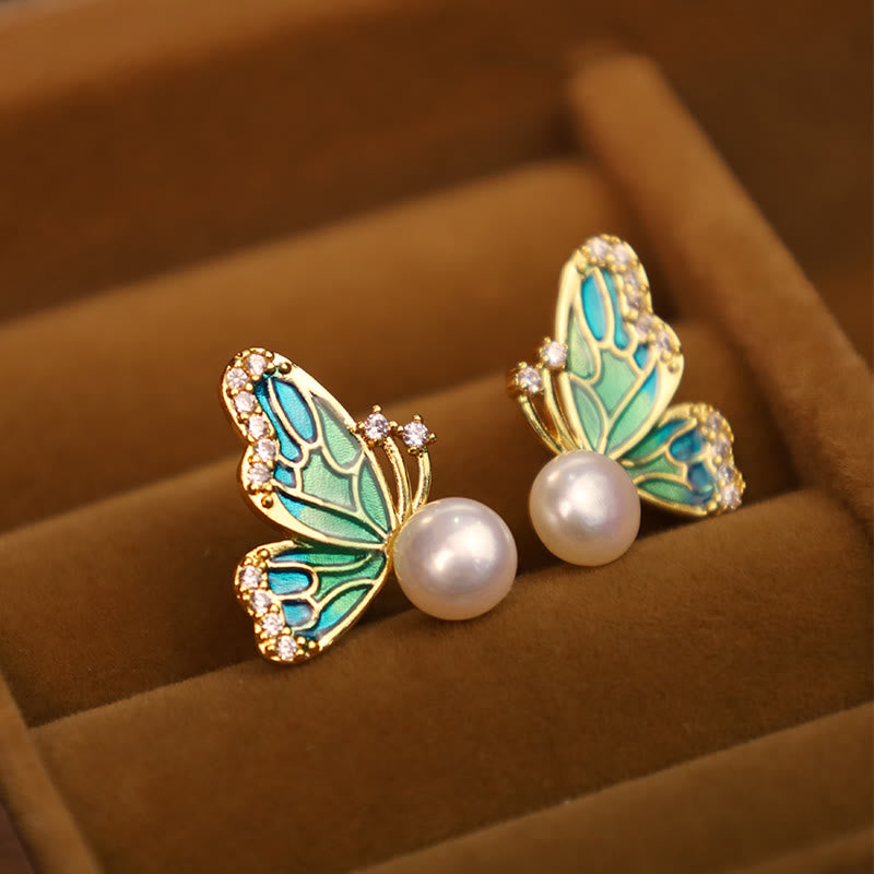 Buddha Stones 925 Sterling Silver Posts 18K Gold Plated Copper Natural Pearl Butterfly Healing Stud Earrings - White Pearl(925 Sterling Silver Posts) - image 0