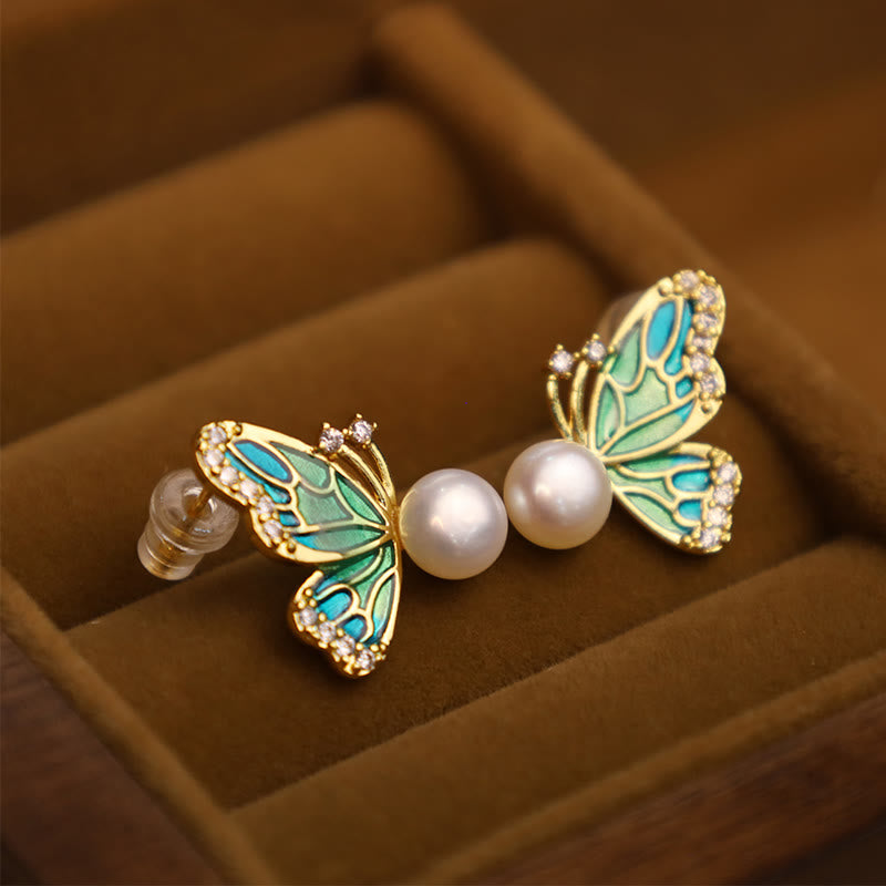 Buddha Stones 925 Sterling Silver Posts 18K Gold Plated Copper Natural Pearl Butterfly Healing Stud Earrings - image 1