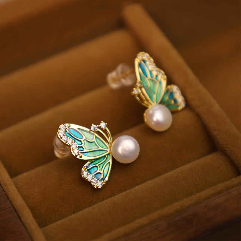 Buddha Stones 925 Sterling Silver Posts 18K Gold Plated Copper Natural Pearl Butterfly Healing Stud Earrings - image 3