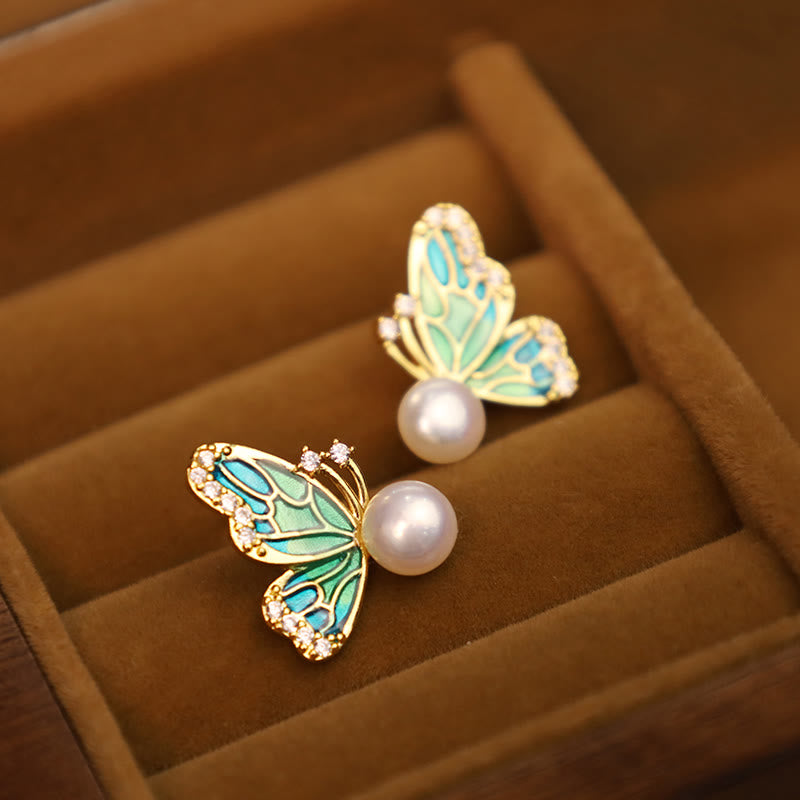 Buddha Stones 925 Sterling Silver Posts 18K Gold Plated Copper Natural Pearl Butterfly Healing Stud Earrings - image 5