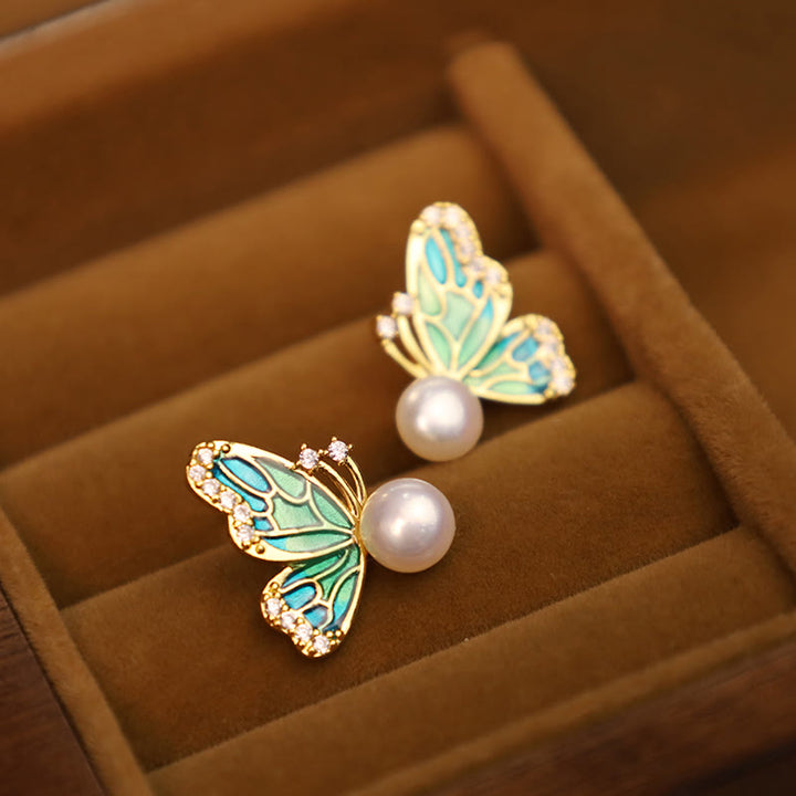 Buddha Stones 925 Sterling Silver Posts 18K Gold Plated Copper Natural Pearl Butterfly Healing Stud Earrings - image 5