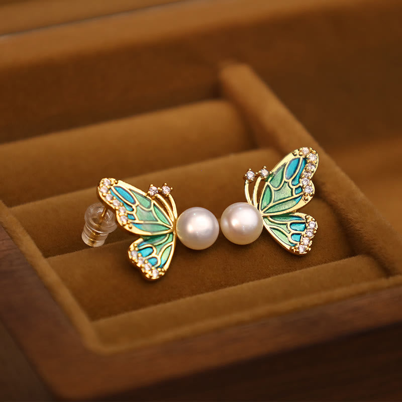 Buddha Stones 925 Sterling Silver Posts 18K Gold Plated Copper Natural Pearl Butterfly Healing Stud Earrings - image 4