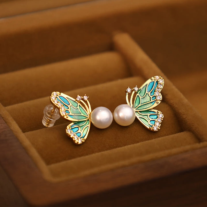 Buddha Stones 925 Sterling Silver Posts 18K Gold Plated Copper Natural Pearl Butterfly Healing Stud Earrings - image 4