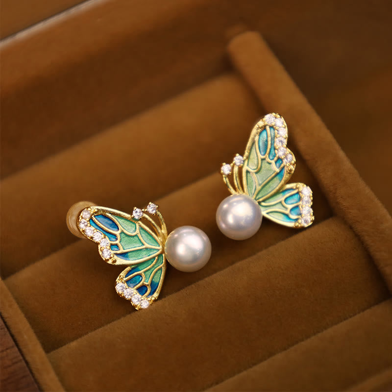 Buddha Stones 925 Sterling Silver Posts 18K Gold Plated Copper Natural Pearl Butterfly Healing Stud Earrings - Gray Pearl(925 Sterling Silver Posts) - image 6