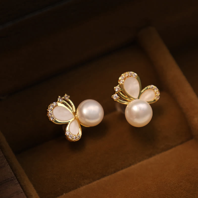 Buddha Stones 925 Sterling Silver Posts 18K Gold Plated Copper Natural Pearl Butterfly Zircon Healing Stud Earrings - Pearl Butterfly(925 Sterling Silver Posts) - image 0