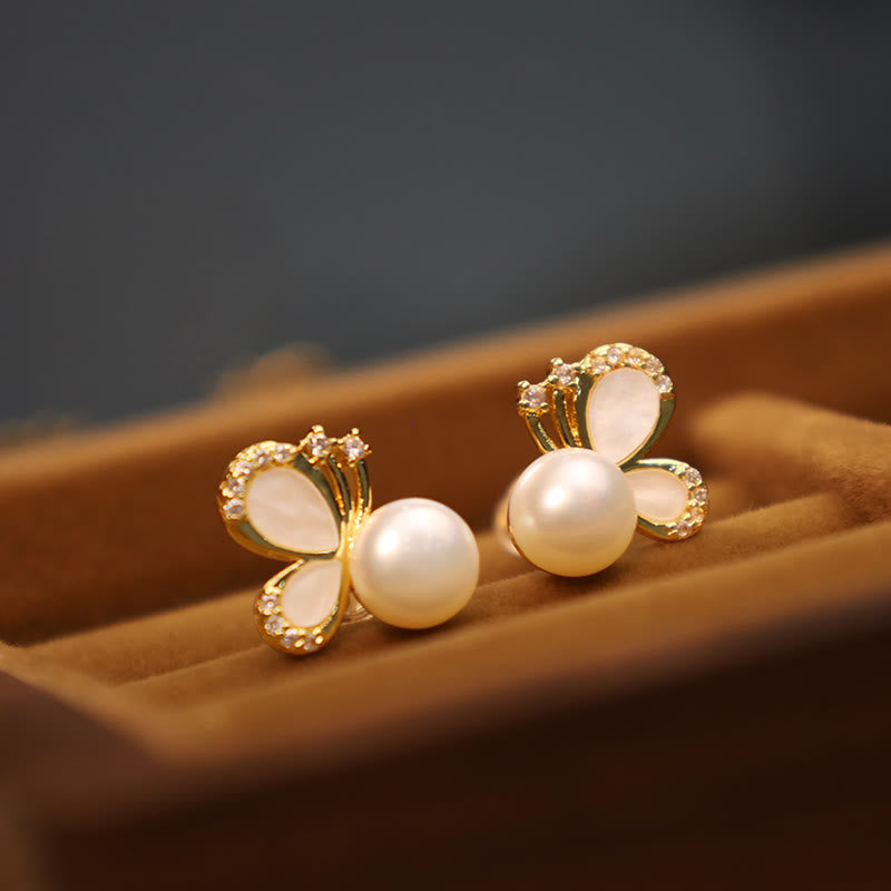 Buddha Stones 925 Sterling Silver Posts 18K Gold Plated Copper Natural Pearl Butterfly Zircon Healing Stud Earrings - image 3