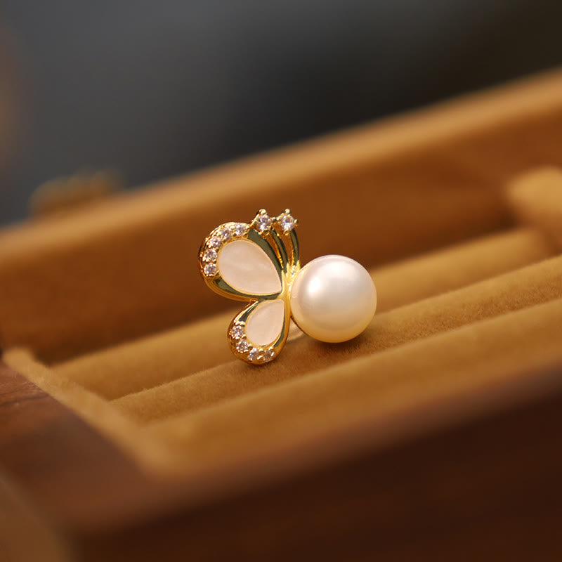 Buddha Stones 925 Sterling Silver Posts 18K Gold Plated Copper Natural Pearl Butterfly Zircon Healing Stud Earrings - image 4