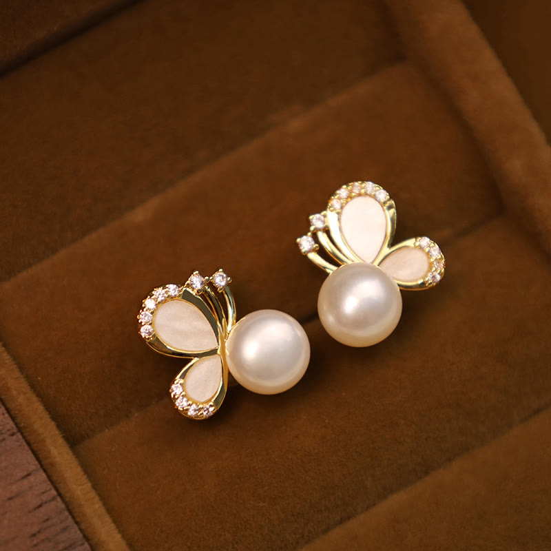 Buddha Stones 925 Sterling Silver Posts 18K Gold Plated Copper Natural Pearl Butterfly Zircon Healing Stud Earrings - image 5
