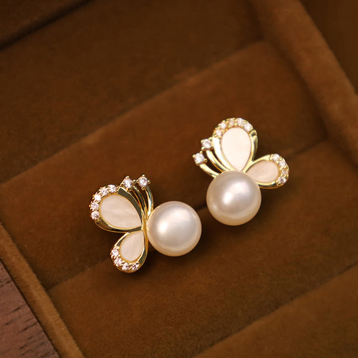 Buddha Stones 925 Sterling Silver Posts 18K Gold Plated Copper Natural Pearl Butterfly Zircon Healing Stud Earrings - image 5