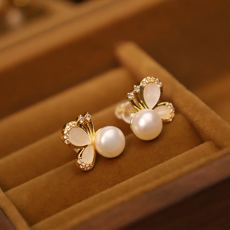 Buddha Stones 925 Sterling Silver Posts 18K Gold Plated Copper Natural Pearl Butterfly Zircon Healing Stud Earrings - image 1