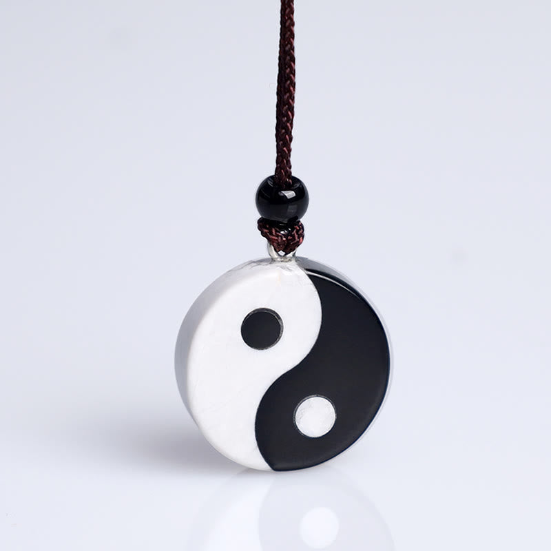 Buddha Stones Natural Black Obsidian White Turquoise Yin Yang Fulfilment Strength Necklace Pendant - image 4