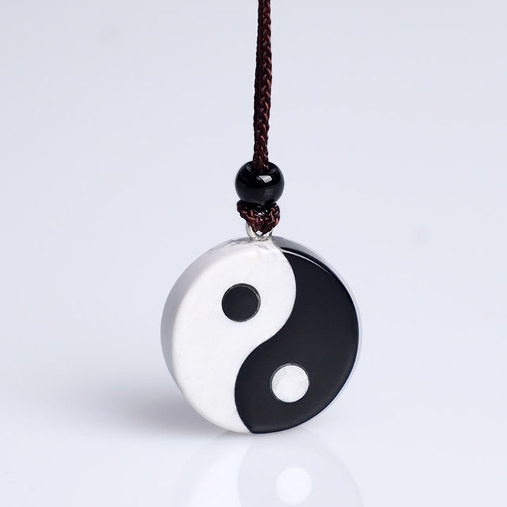 Buddha Stones Natural Black Obsidian White Turquoise Yin Yang Fulfilment Strength Necklace Pendant - image 4