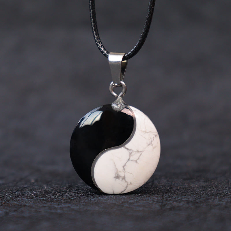 Buddha Stones Natural Black Obsidian White Turquoise Yin Yang Transformation Rope Necklace Pendant - Black Obsidian White Turquoise - image 0