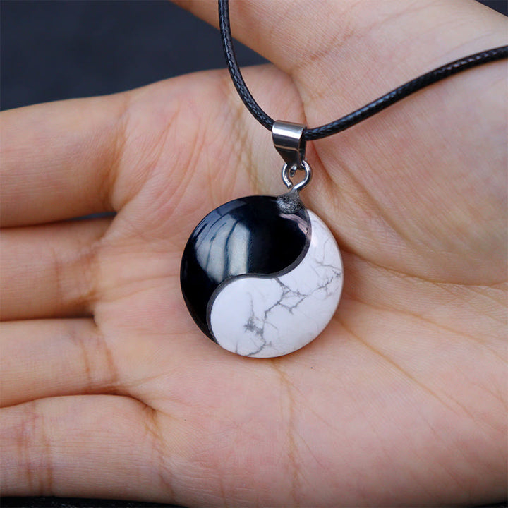 Buddha Stones Natural Black Obsidian White Turquoise Yin Yang Transformation Rope Necklace Pendant - image 3