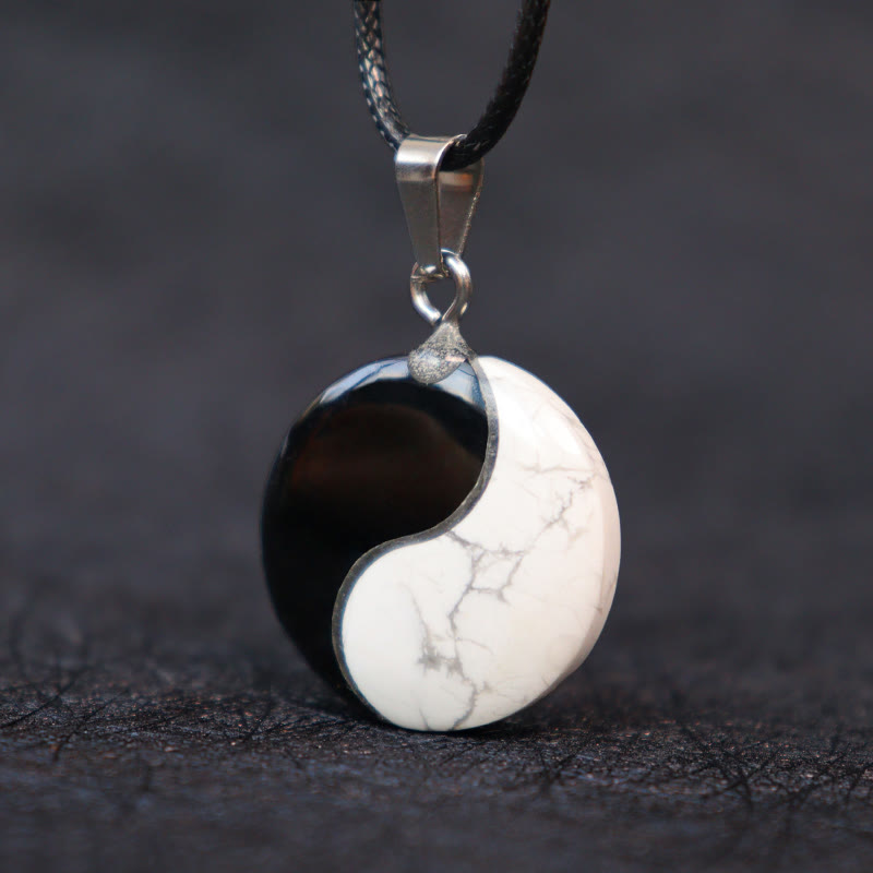 Buddha Stones Natural Black Obsidian White Turquoise Yin Yang Transformation Rope Necklace Pendant - image 1