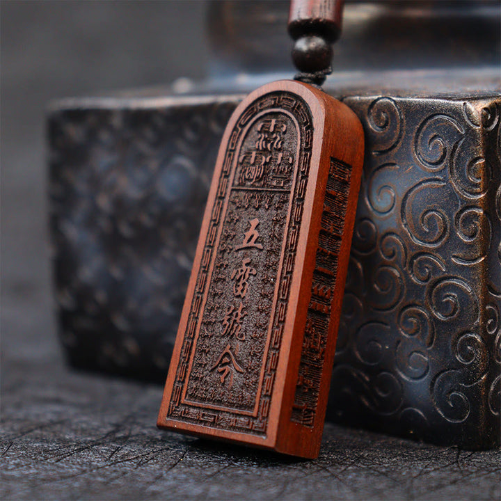 Buddha Stones Lightning Struck Jujube Wood Taoist Five Thunder Order Luck Protection Necklace Pendant - image 1