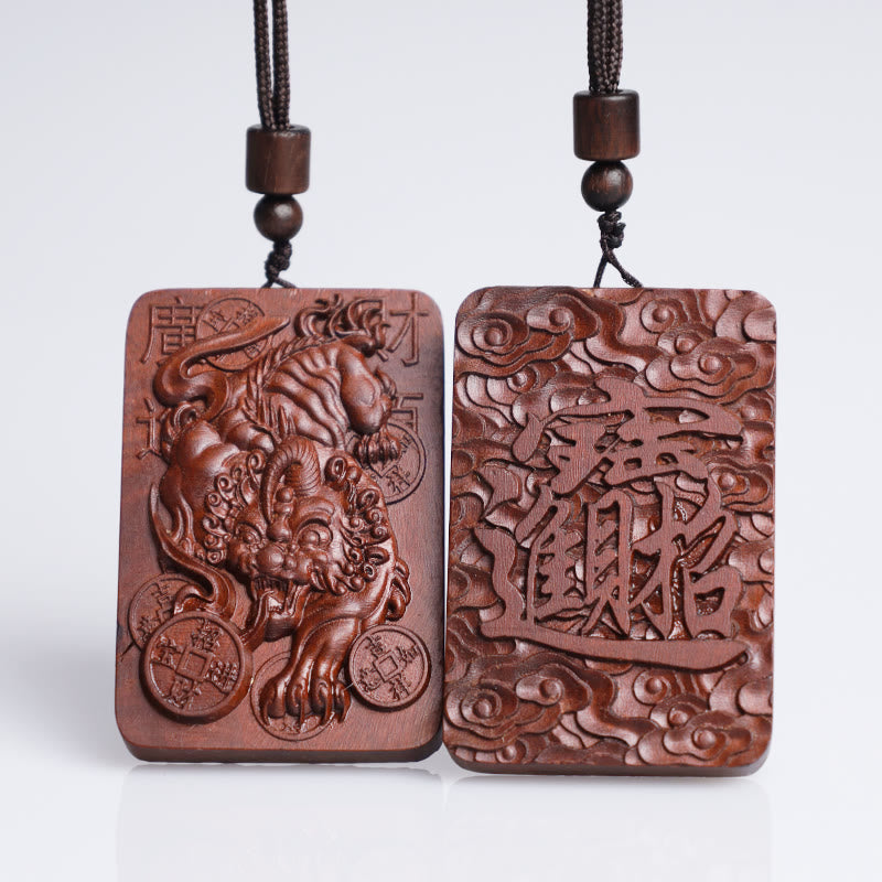 Buddha Stones Natural Lightning Struck Jujube Wood PiXiu Copper Coin Good Fortune Necklace Pendant - image 1