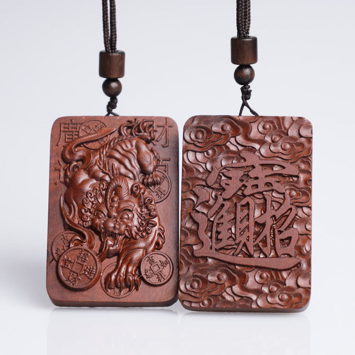 Buddha Stones Natural Lightning Struck Jujube Wood PiXiu Copper Coin Good Fortune Necklace Pendant - image 1