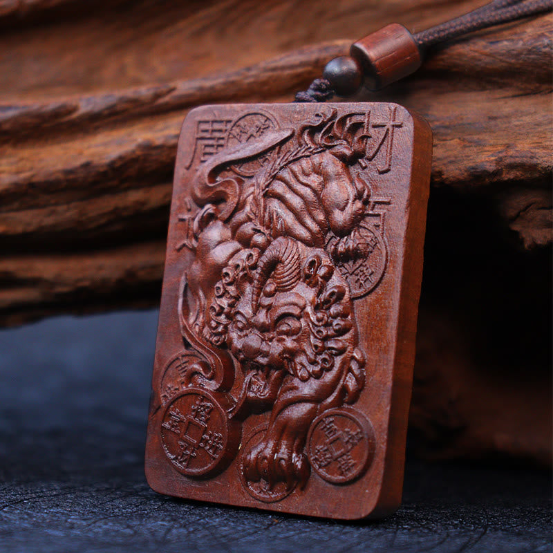 Buddha Stones Natural Lightning Struck Jujube Wood PiXiu Copper Coin Good Fortune Necklace Pendant - image 4