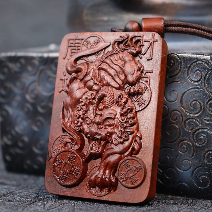 Buddha Stones Natural Lightning Struck Jujube Wood PiXiu Copper Coin Good Fortune Necklace Pendant - image 2