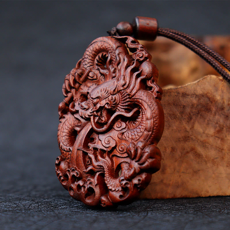 Buddha Stones Lightning Struck Jujube Wood Double Dragon Relief Ward Off Evil Spirits Necklace Pendant - image 2