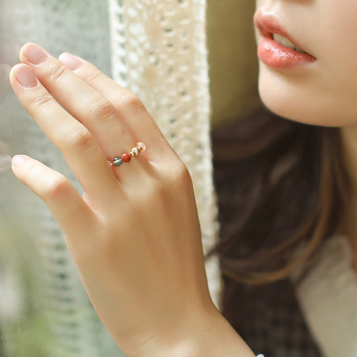 Buddha Stones 14k Gold Plated Copper Fu Lu Shou Crystal Peach Moonstone Happiness Wealth Ring - image 3