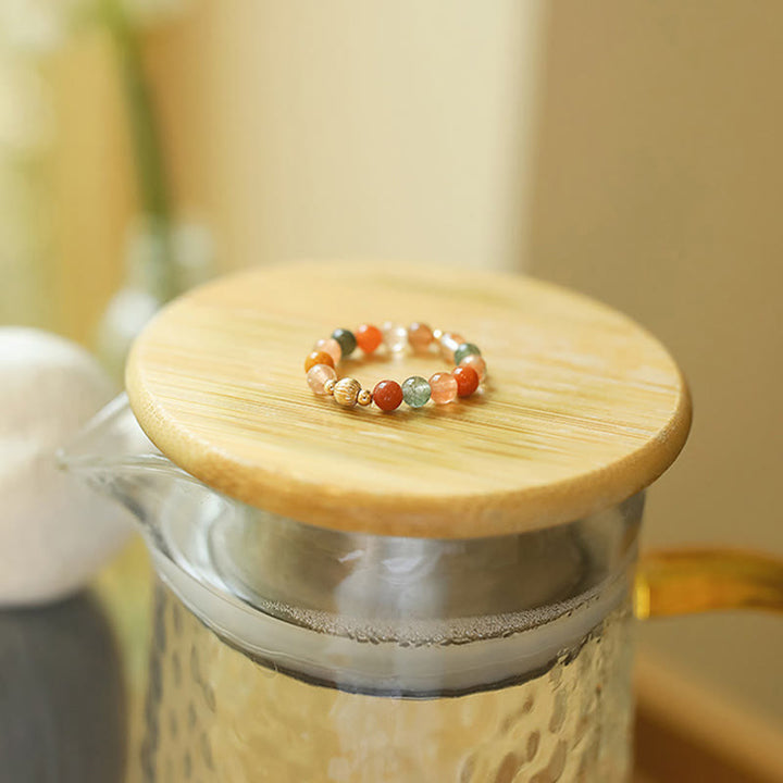 Buddha Stones 14k Gold Plated Copper Fu Lu Shou Crystal Peach Moonstone Happiness Wealth Ring - Fu Lu Shou Ring(Elastic Rope) - image 2