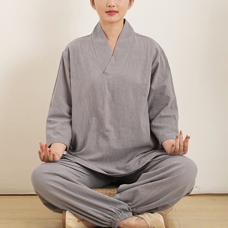 Buddha Stones 2Pcs V-Neck Three Quarter Sleeve Shirt Top Pants Meditation Zen Tai Chi Cotton Linen Clothing Women's Set - Gray(Top&Pants) - US12，UK/AU16，EU44 (XL) - image 0