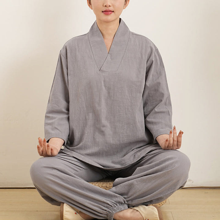 Buddha Stones 2Pcs V-Neck Three Quarter Sleeve Shirt Top Pants Meditation Zen Tai Chi Cotton Linen Clothing Women's Set - Gray(Top&Pants) - US12，UK/AU16，EU44 (XL) - image 0